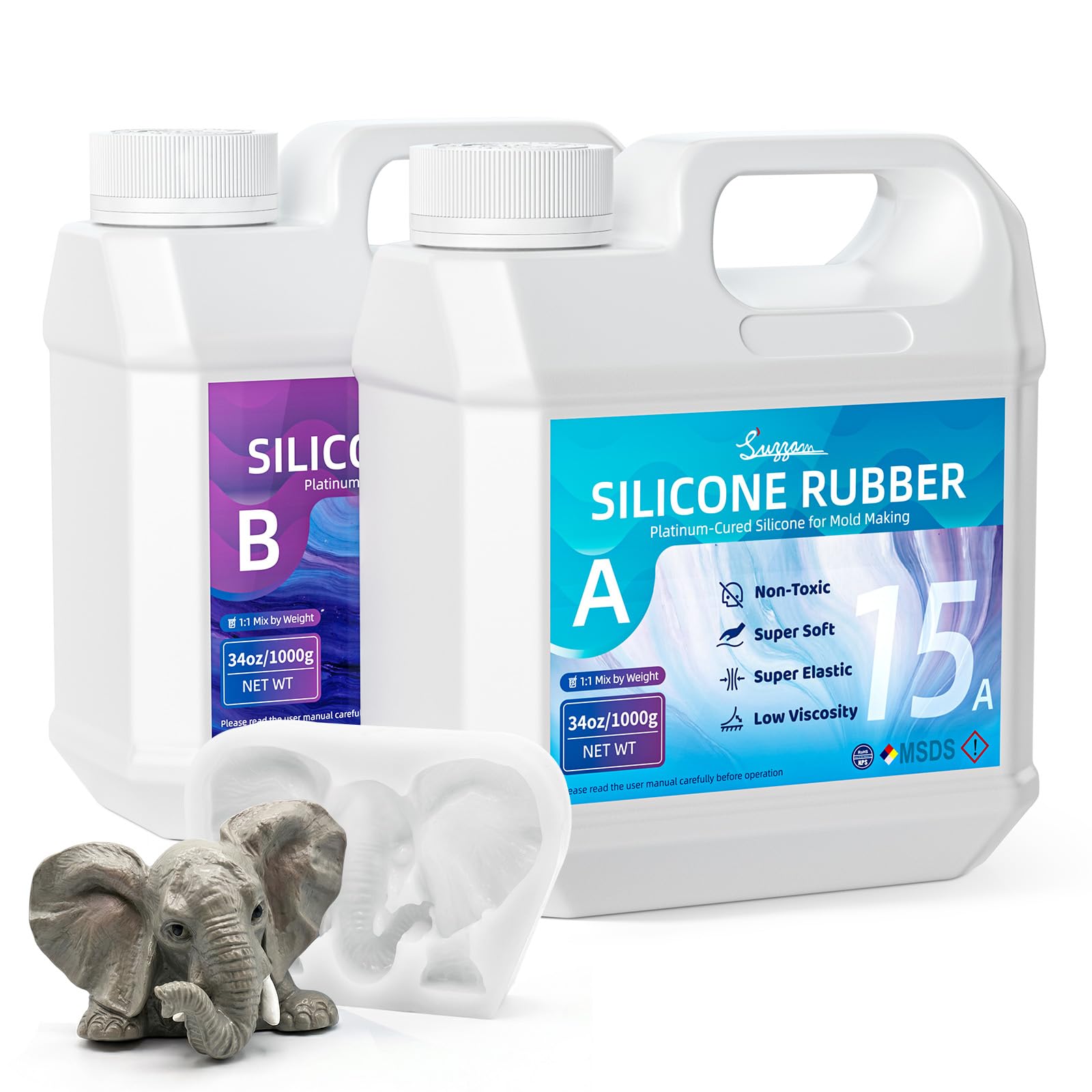 Suzzam Silicone Mould Making Kit, 2000g Translucent Platinum Silicone Rubber, 15A Super Elastic Liquid Mold Making Silicone for Resin, Soap, Candle, Plaster etc - Fast Cure