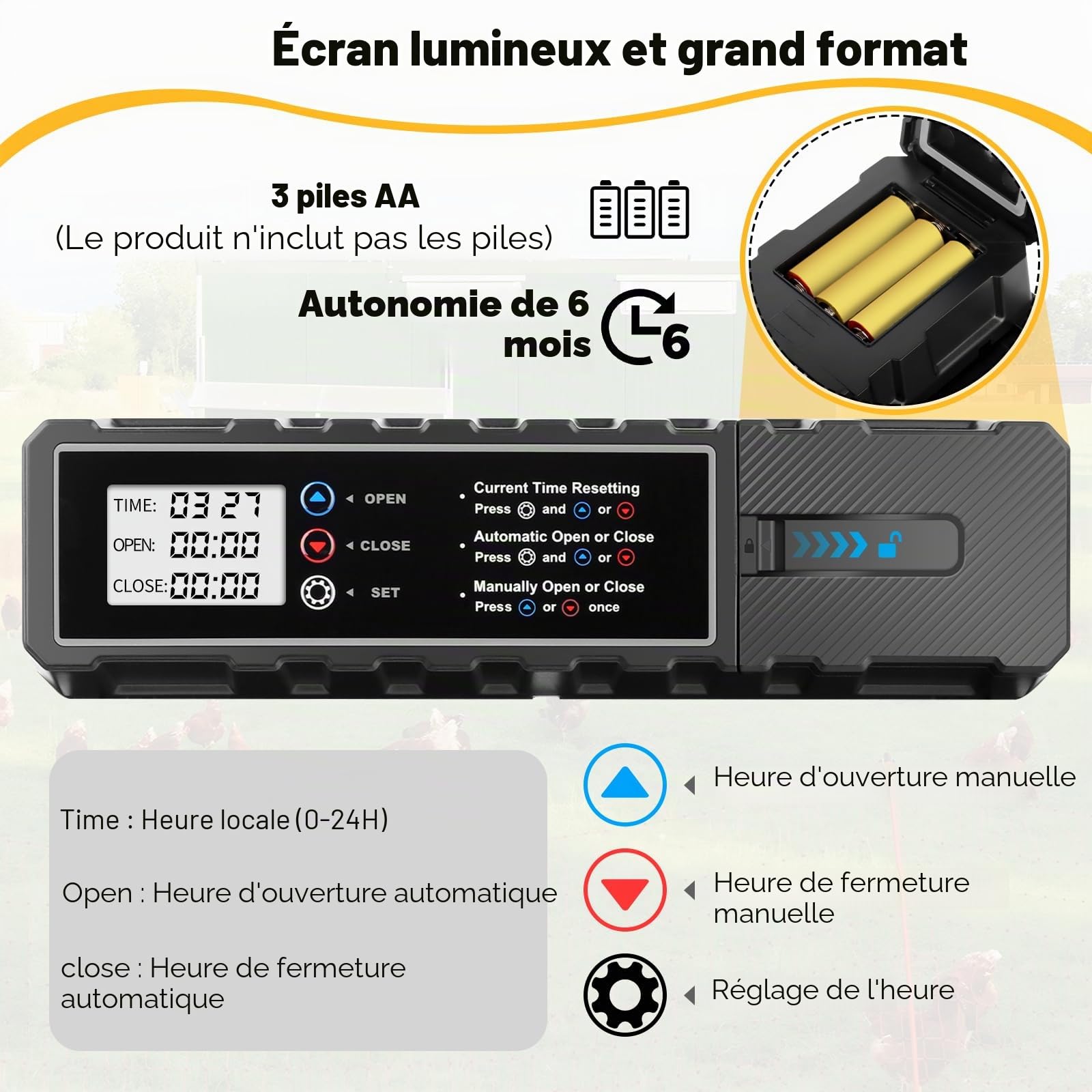 talifoca Porte Poulailler Automatique Batterie avec Écran LCD Étanche, Porte Automatique Poulailler en Aluminium avec Anti-Pincement, Minuterie, Ouvre-Porte Vertical(Aucune Pile Incluse)