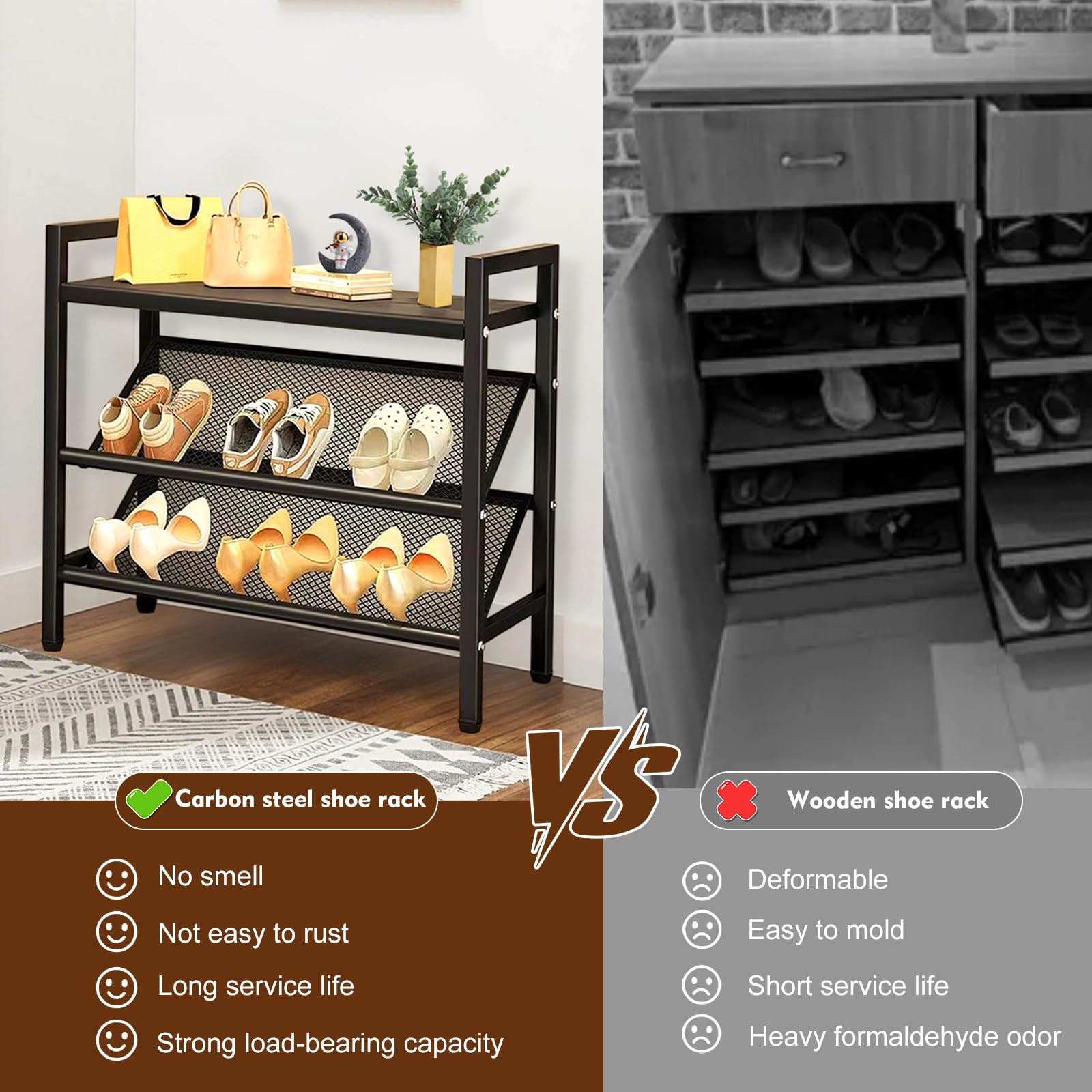 Kompaktes Schuhregal, Schrägtes 3 Ebenen, Schuhschrank Schmal, Schuhständer aus Metall, Schuhaufbewahrung, Schuh-Organizer, Platzsparend, für Eingangsbereich, Garderobe, Flur, Wohnzimmer, Schwarz