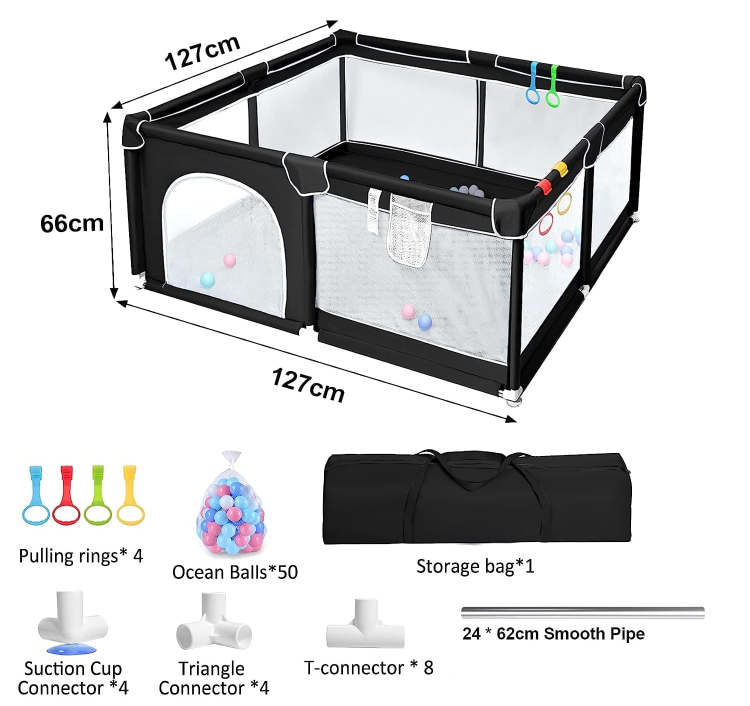 Baby Playpen Toddler Fence with Breathable Mesh and Zipper Door Playard with Anti-Collision Foam 4 Pull Rings and 50 Balls Indoor & Outdoor Kids Activity Center (127x127x66CM)