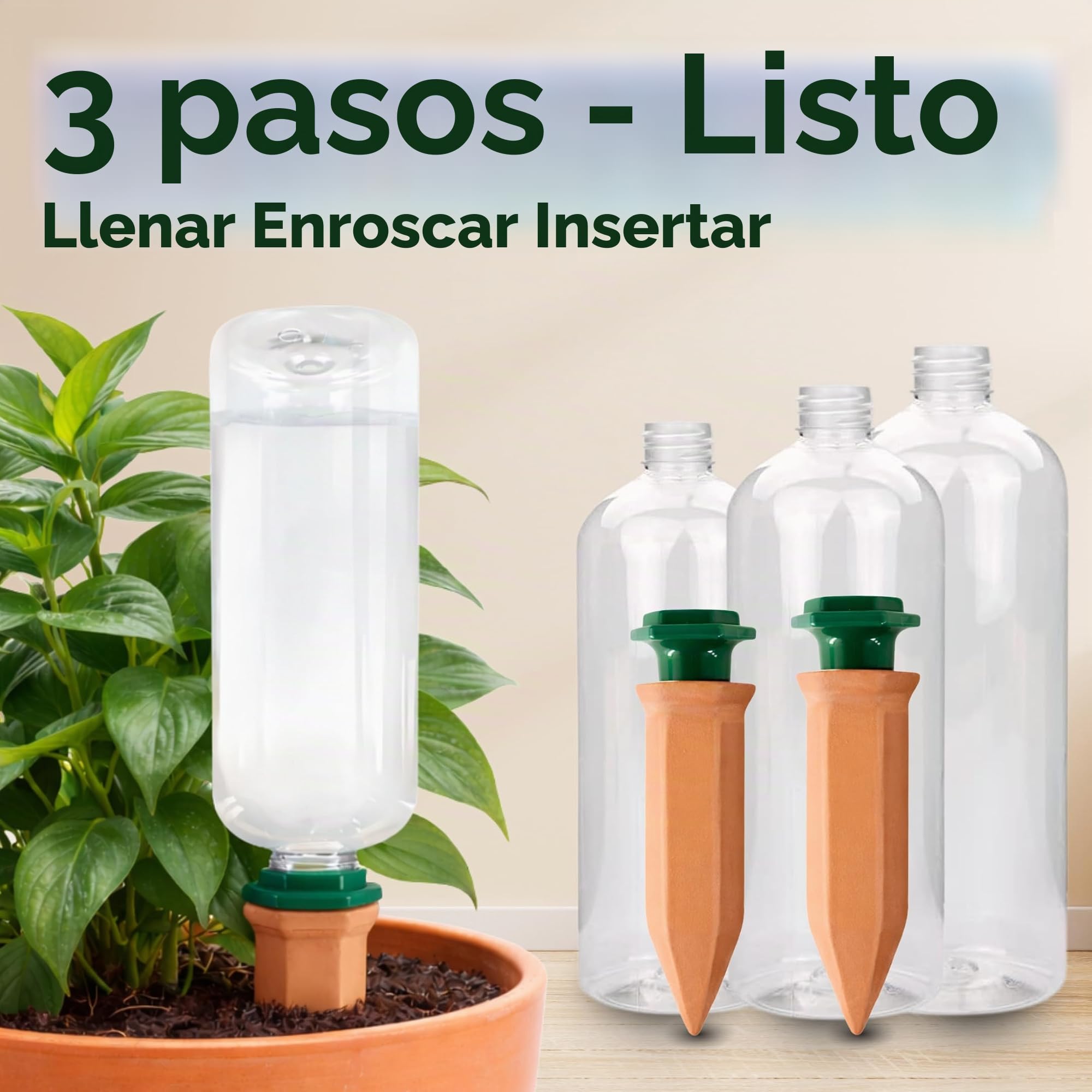 Sistema de riego para plantas, juego de conos de arcilla con adaptador y botellas de PET de 750 ml, riego automático de vacaciones para plantas de interior y balcón