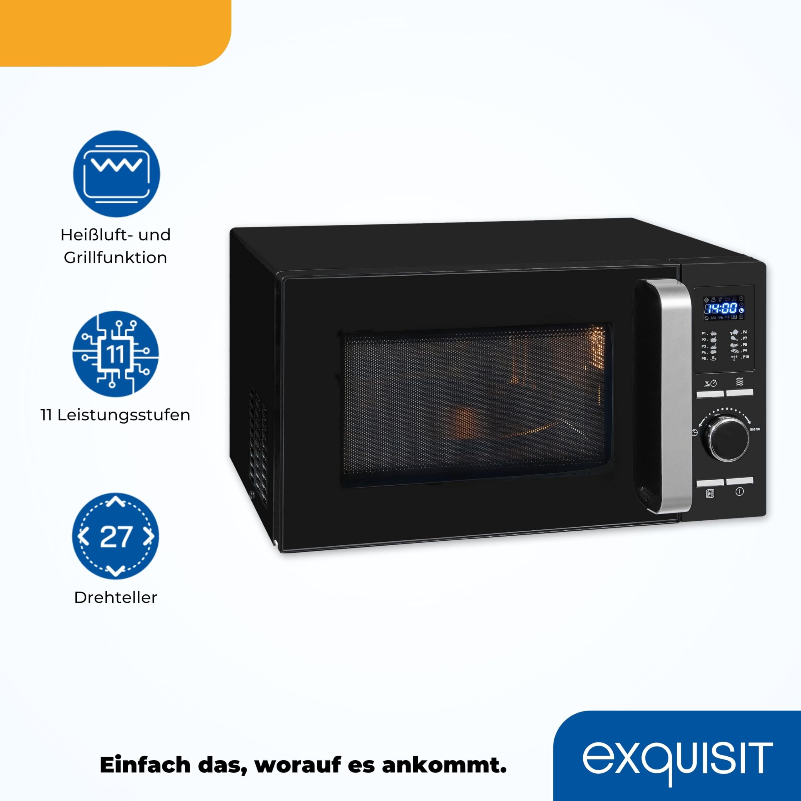 Exquisit Mikrowelle mit Grill und Heißluft - 25 Liter, 900 W | 27 cm Drehteller, 11 Leistungsstufen, 10 Automatikprogramme, Kindersicherung, elegantes Schwarz-Design