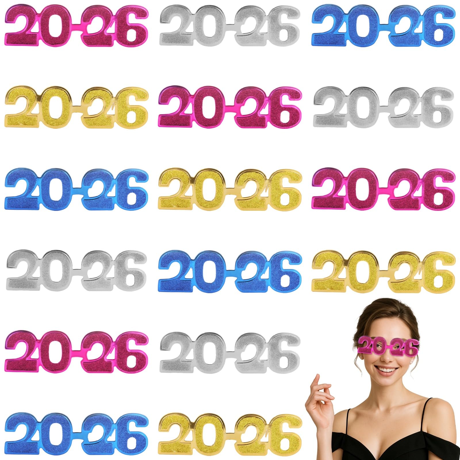 16 occhiali da festa 2026, con scritta "Happy New Year", per bomboniere, oggetti di scena fotografici in policarbonato leggero, divertente regalo per le vacanze
