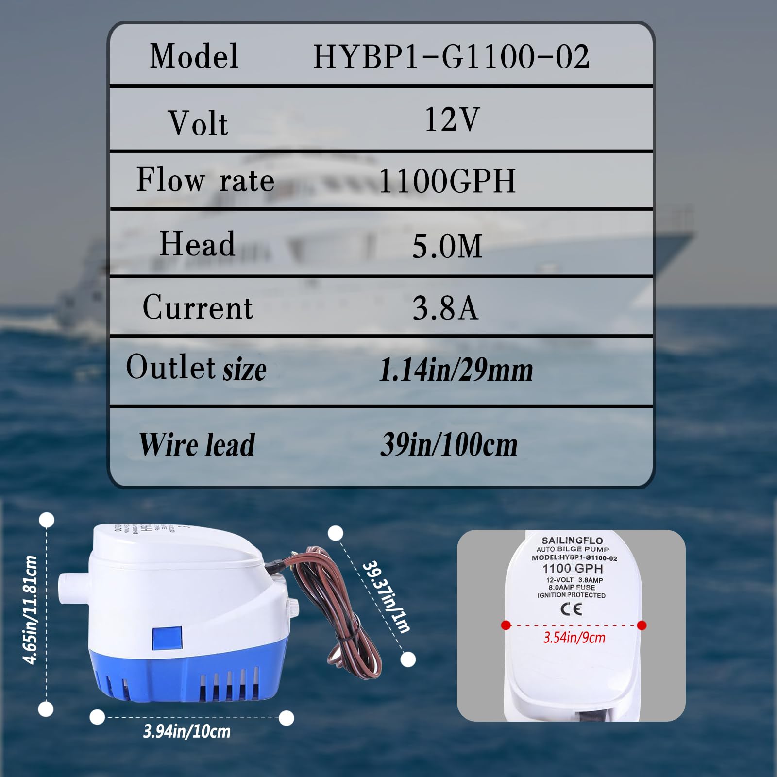 Pompa di sentina automatica per barca, 12 V, silenziosa, 1100 GPH, con interruttore galleggiante integrato, accessorio per barca subacquea