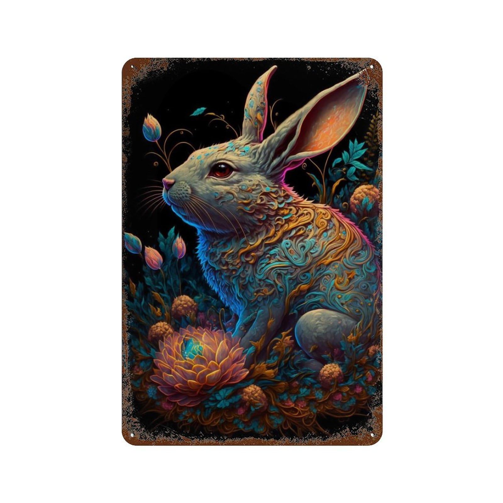 Fantasy Rabbit Garden Artwork Rust Effect Tin Sign 11.8"x7.9", Vintage Wall Decor for Bistro, Counter And Cafe Decor