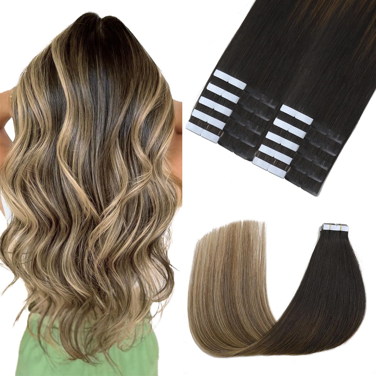 Sindra Haarverlängerung, Echthaar, selbstklebend, 55 cm, #1B427 | 20 Stück, 50 g, Schwarz bis Mittelbraun mit Karamellbraun, Extensions, Echthaar, unsichtbar, Volumen für Damen, 55,8 cm