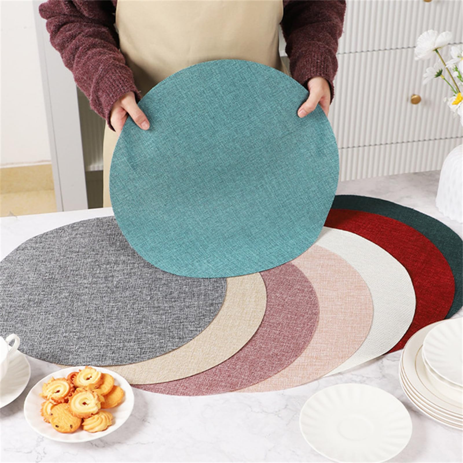 4er Set Rund Platzsets Platzdeckchen rutschfest Abwaschbar 38 * 38cm Leinen Tischmatten Abgrifffeste Hitzebeständig Tischsets, Platz-Matten für küche (Rot)