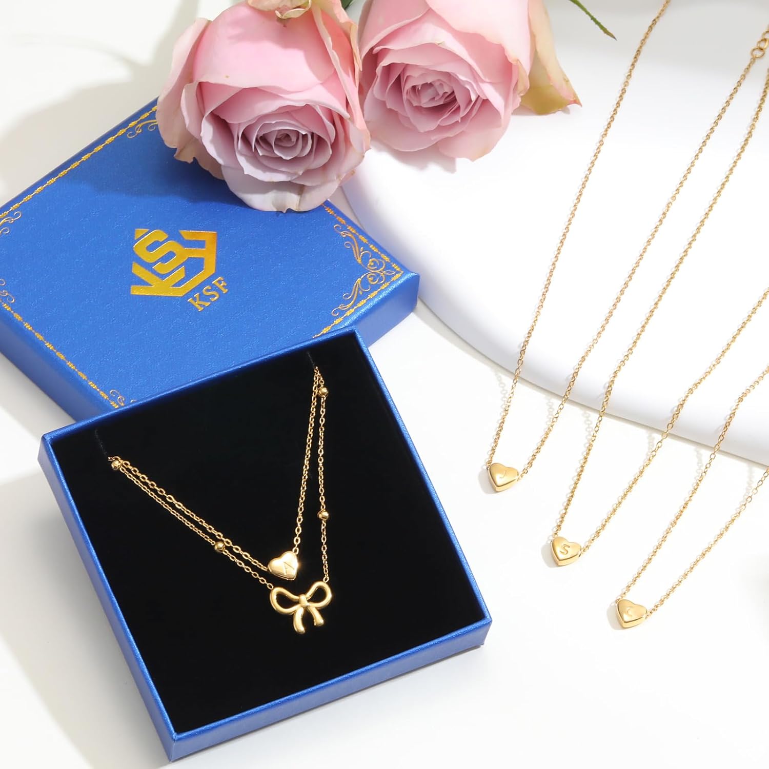 KSF Gold Bow Necklace for Women - Layered Bow Heart Gold Necklace for Women Trendy Dainty 14K Gold Plated Heart Initial Choker Chain Layered Bow Pendant Jewelry Gifts - Image 6