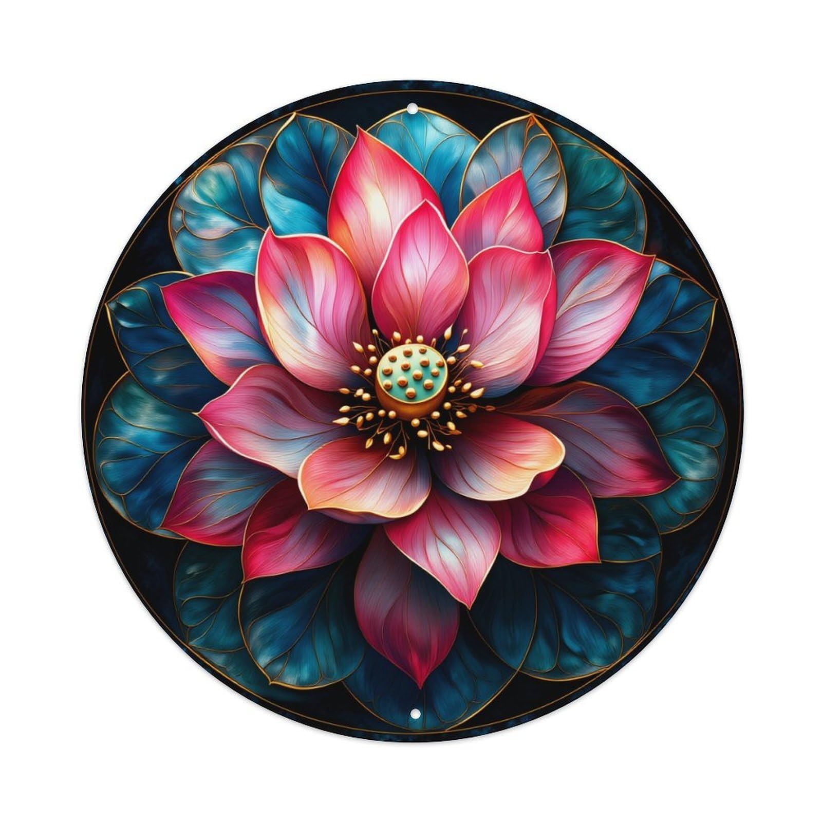 Lotus Flower Pattern Print Design Round Tin Sign Vintage Metal Poster, Home Bar Garage Man Cave Cafe Indoor & Outdoor Wall Decoration 8x8Inches