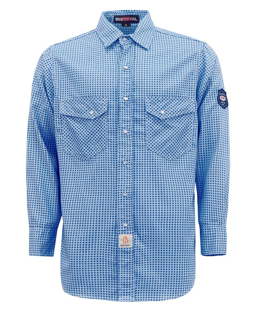 BOCOMALFR Shirts for Men Printed Plaid Flame Resistant Clothing 6.5oz Cotton Button Up Welding Shirts NFPA2112 CAT2