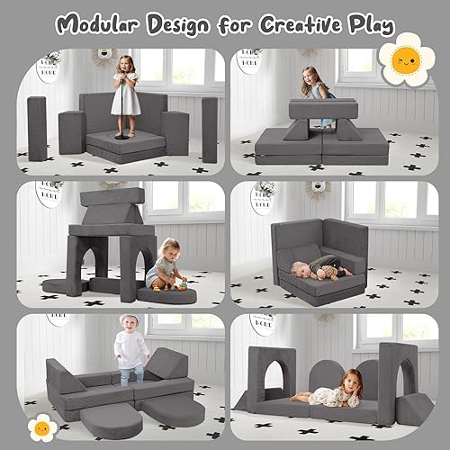 Miniatura 44 de MeMoreCool Sofá infantil para sala de juegos, sofá modular de 10 piezas, sofá convertible de pana, juego de construcción de fuerte de espuma para