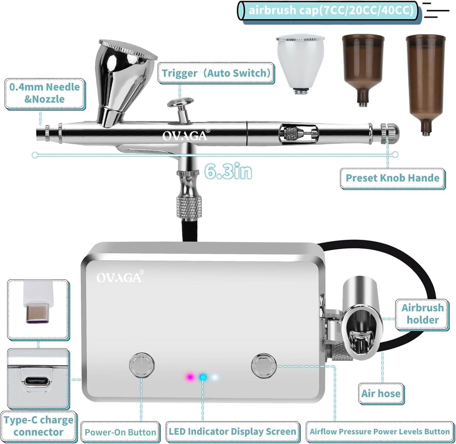 32PSI Airbrush-Kit mit Kompressor, wiederaufladbares Dual Action-Airbrush-Set, portabel, inklusive Airbrush-Farbenset mit 11 Farben für Malerei, Make-up, Modellbemalung, Nageldesign, Silber