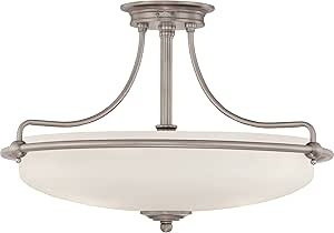 Quoizel Griffin Semi-Flush Mount Ceiling Light, 21 Inch 4-Light Antique Nickel Opal-Etched Frosted Glass Shade, Hanging Light Fixture for Hallway, Kitchen, Bedroom, Dining, Farmhouse or Office