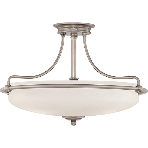 Quoizel Griffin Semi-Flush Mount Ceiling Light, 21 Inch 4-Light Antique Nickel Opal-Etched Frosted Glass Shade, Hanging Light Fixture for Hallway, Kitchen, Bedroom, Dining, Farmhouse or Office