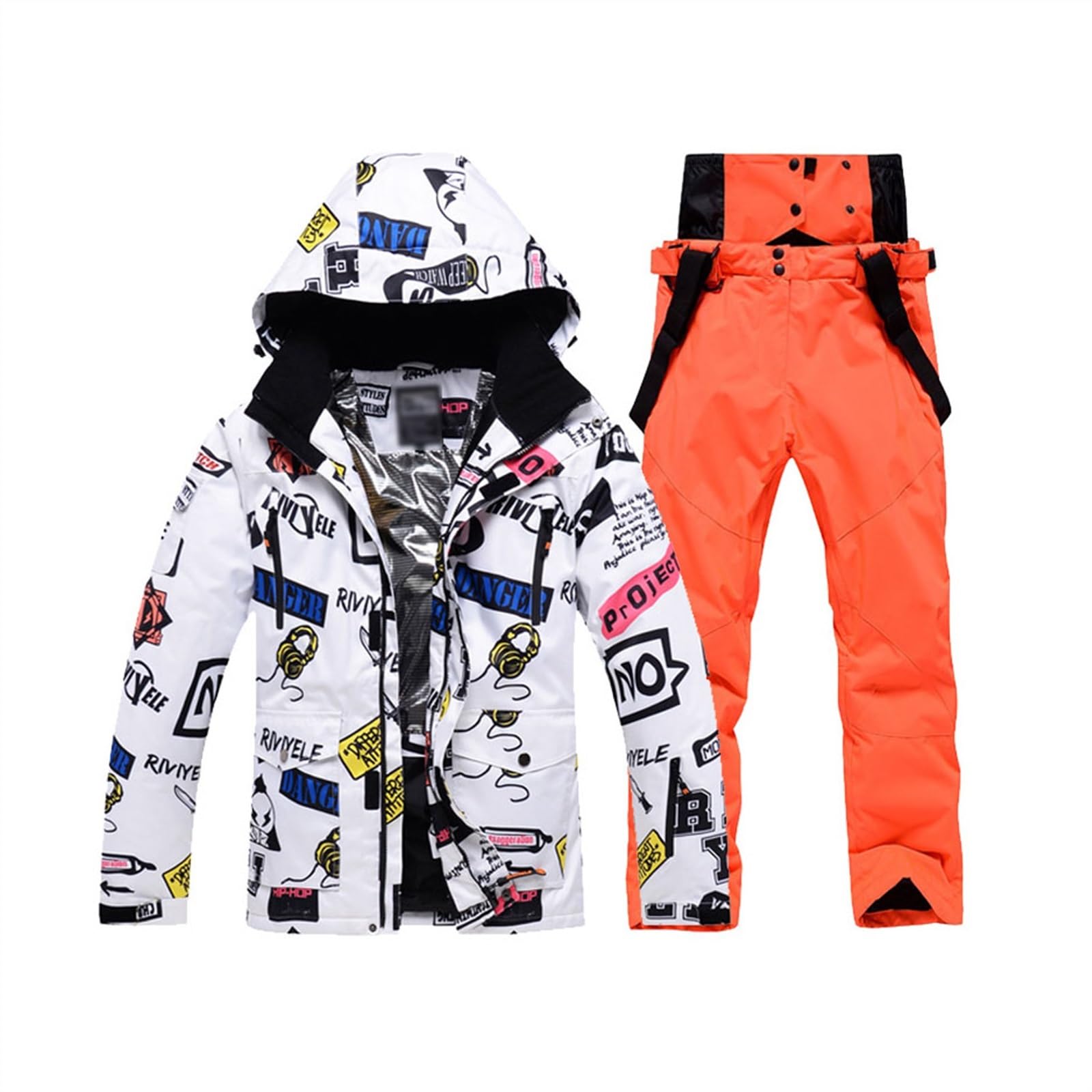Combinaisons De Ski Respirantes Imperméables Coupe-vent Pour Hommes, Ensemble Veste Et Pantalon À Capuche Avec Impression Graffiti Chaud D'hiver Pour Hommes, Ensemble De Combinaison