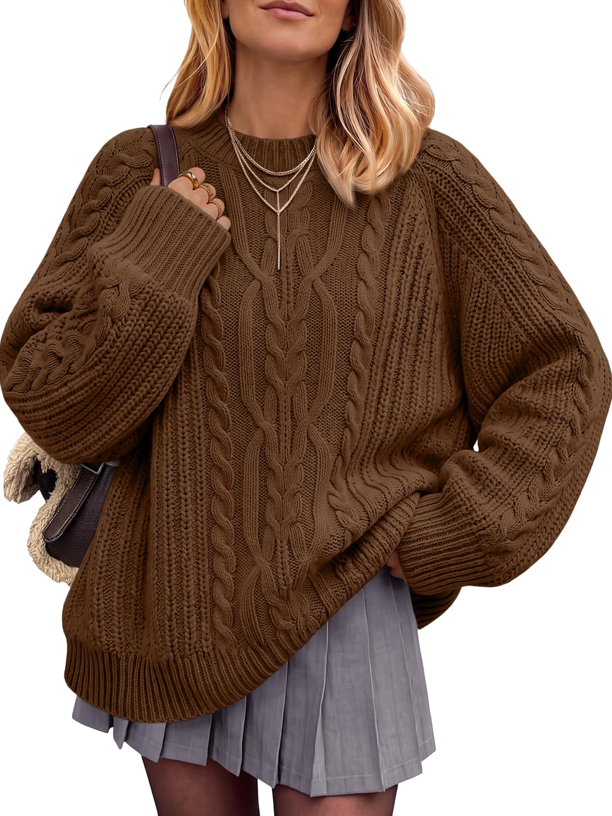 Trendy Queen Women's Oversized Cable Knit Crewneck Fall Pullover Sweaters