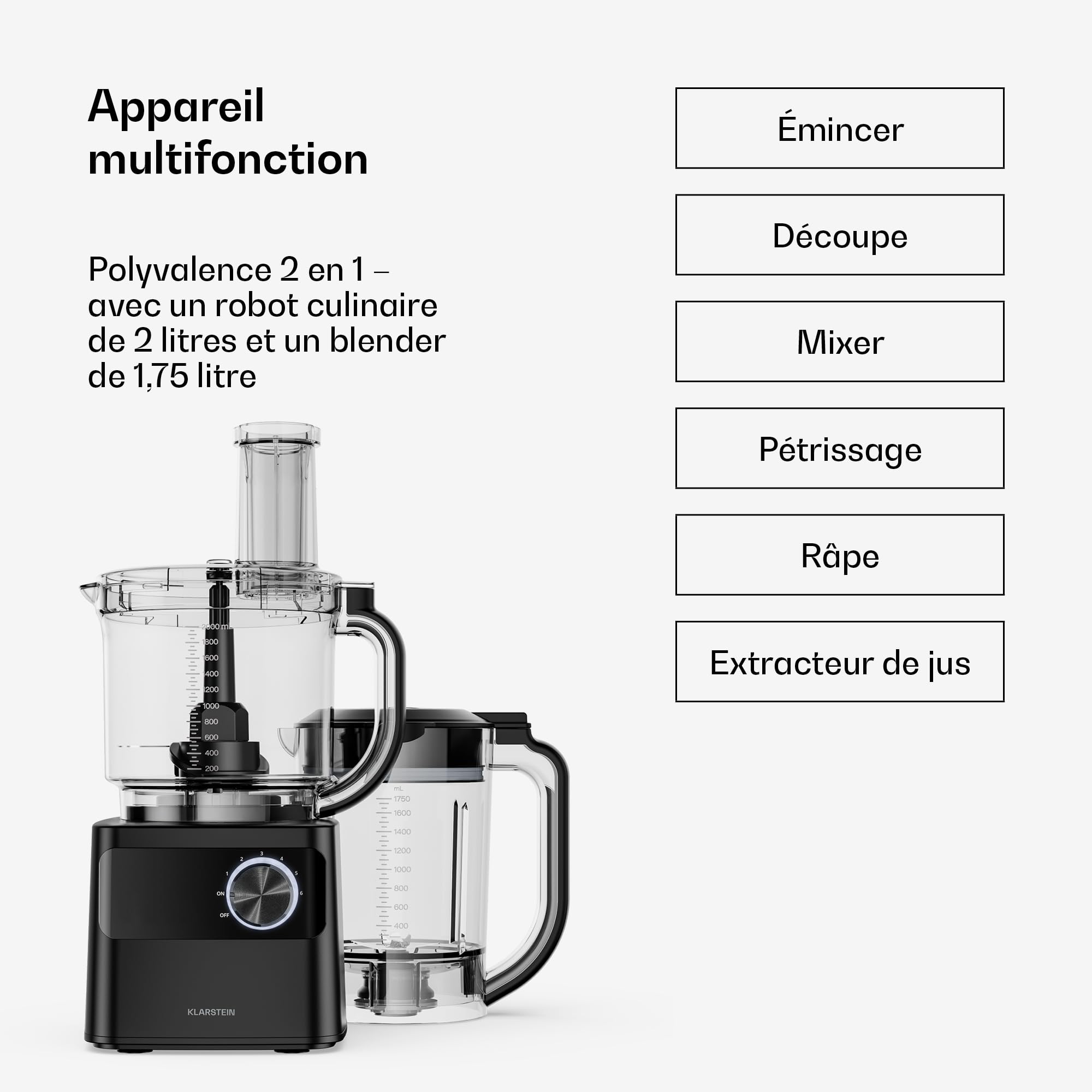 Klarstein Velaire Robot de cuisine avec blender - Appareil de cuisine multifonction de 1200 W, bol de 2 l, blender de 1,75 l, 6 programmes & vitesses, accessoires presse-agrumes & hachoir à viande