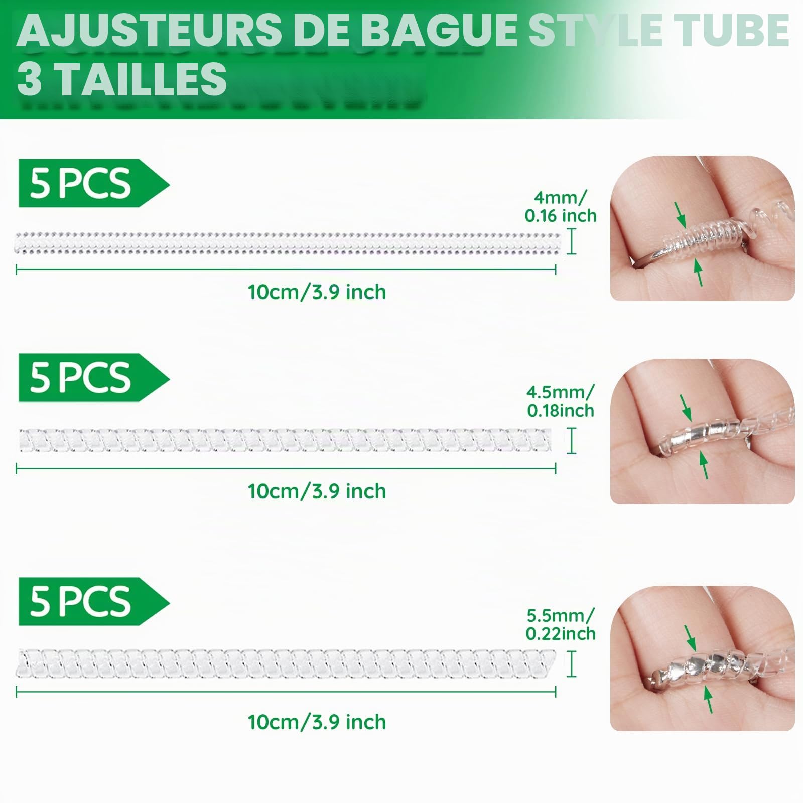 Anpro 15 pièces Ajusteur de Taille de Bague - Ajusteur Bague Invisible Reducteur Bague avec 3 Tailles pour Les Fixations en Silicone à Bague Libre en Spirale(Tissu De Polissage Argenté Inclus)