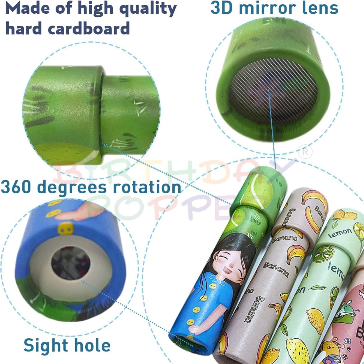 Birthday Popper Colourful Kaleidoscopes as Birthday Return Gifts for Kids | Set of 12 | Classic Rotating Prism Toys with Assorted Fun Designs | Party Favors, Goodie Bag Fillers, and Educational Toys - Image 4 thumbnail