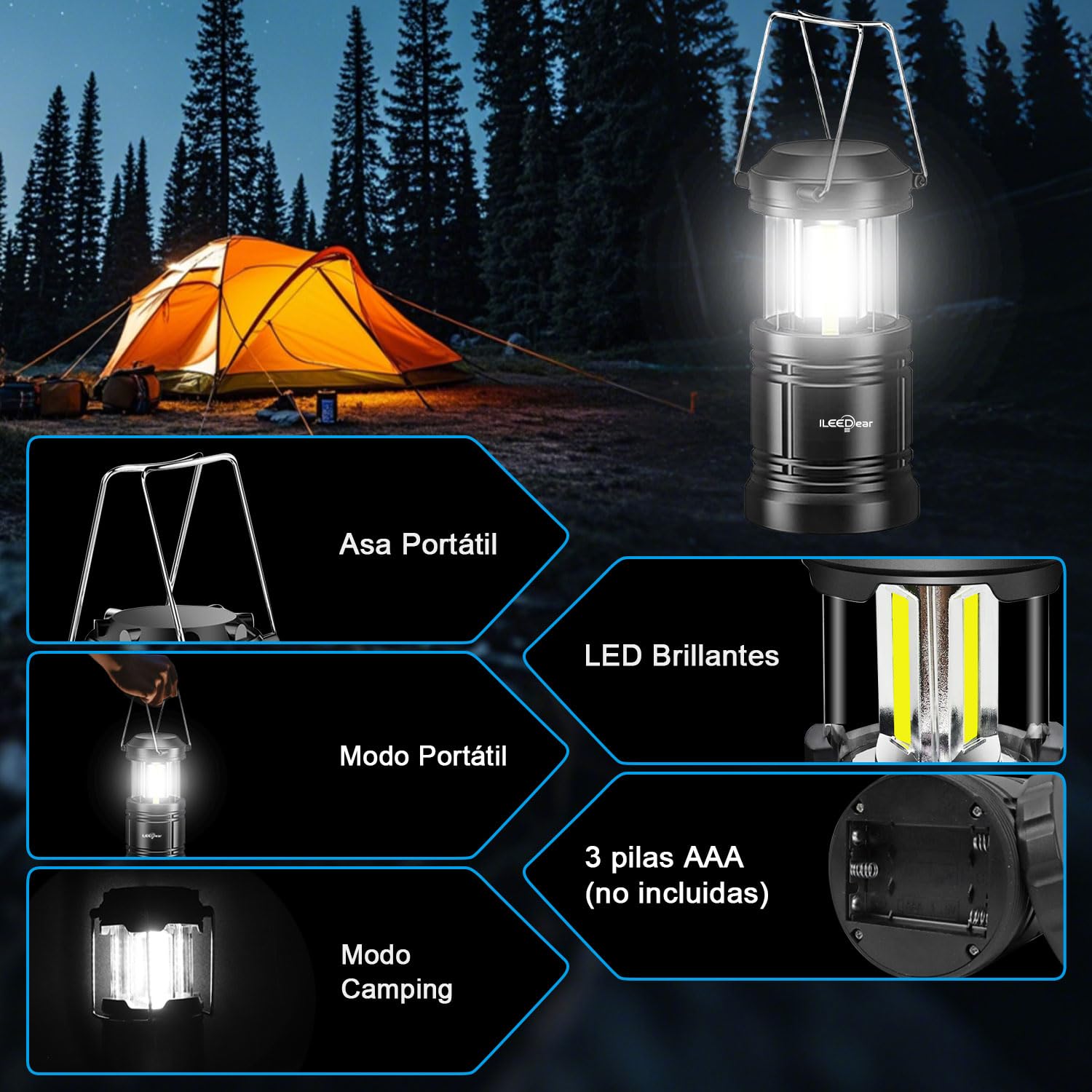 Linternas LED recargables plegables para camping emergencia huracán negro