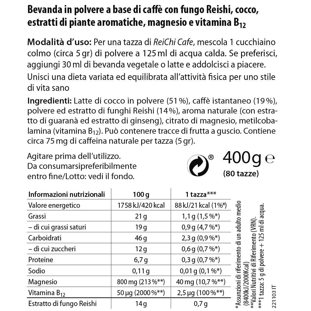 ReiChi Cafe I 400 g, 80 tazze I piacere del caffè esotico I funghi reishi, ginseng e cocco I caffeina da guaranà e caffè I magnesio + B12 I nervi, meno stanchezza¹ I vegan, senza additivi