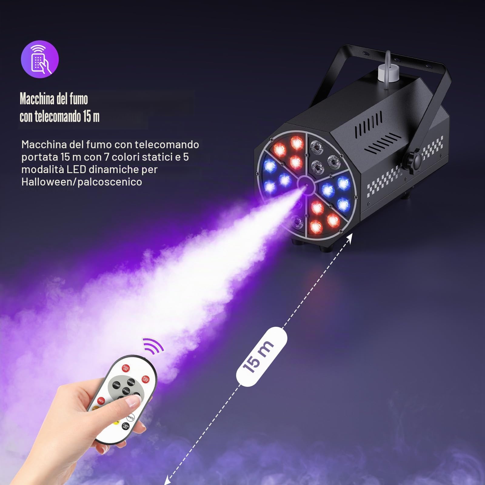 Macchina del fumo, 18 LED RGB con telecomando, LED luminosi, gradiente di colore, salto, impulso, strobo, per feste, Natale, Halloween, DJ, palchi e spazi aperti