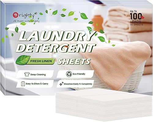 Orighty Hojas de detergente para ropa, 50 unidades, aroma de lino fresco, ecológicas, hipoalergénicas, portátiles, sin jarra de plástico, 100 cargas