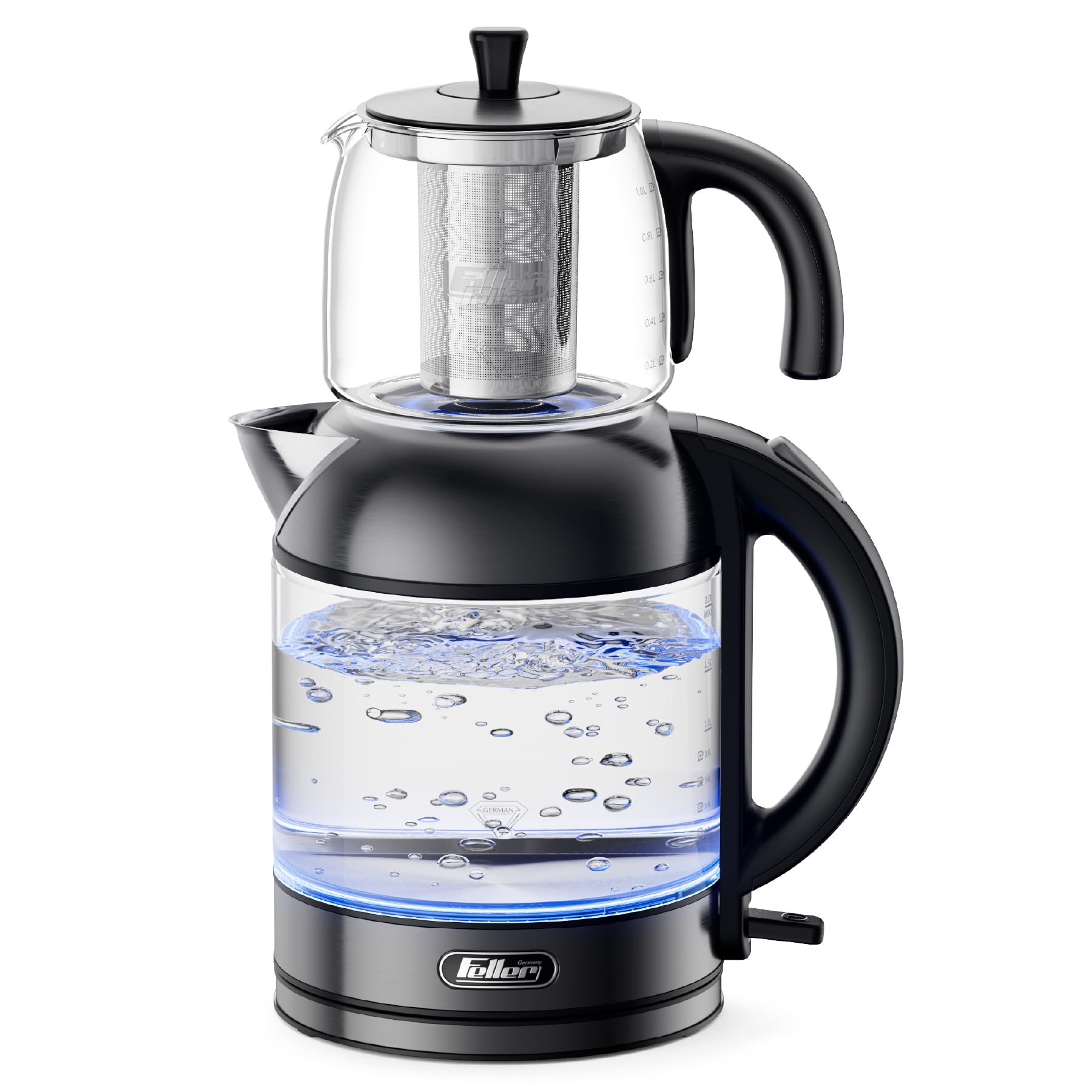 Feller Germany 2200W 2-in-1 Teamaker, 2L Glass Kettle+1L Teapot by German Technology, STRIX, Keep-Warm+Boil-Dry+Overheat, Stainless Steel Teapot Kit, TS288, 2Y Guarantee-UAE Version (Platinum)