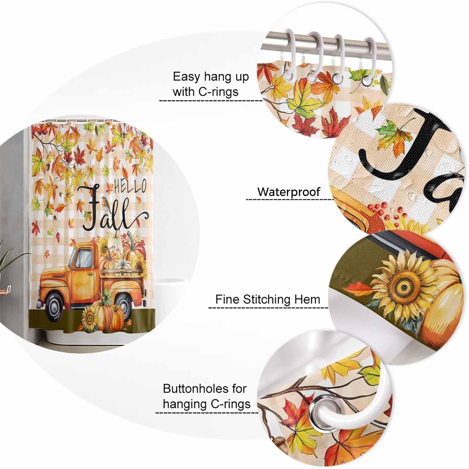 Hello Fall Waterproof Shower Curtains Set - Extra Long 72 x 84 Inch, Rustic Truck Pumpkin Maple Orange Plaid Polyester Fabric Bathroom Curtain with 12 Hooks, Bathroom Accessories, 1 Panel