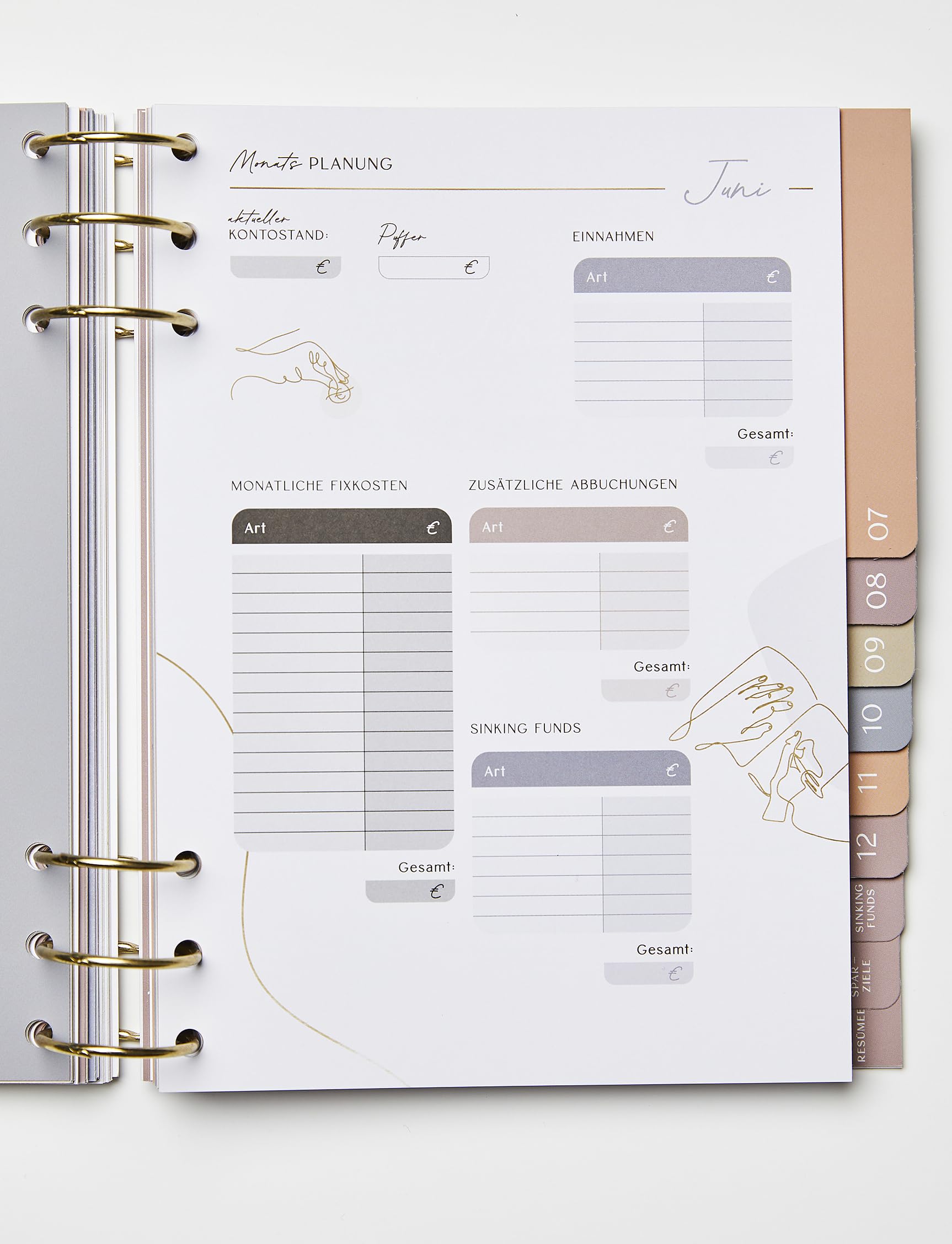 Moneyglow® Mein Budgetplaner A5 deutsch I 310 Seiten I goldene Ringe zum Öffnen I Seiten immer wieder austauschbar I Register I Illustrationen I satiniertes Schreibpapier I undatiert