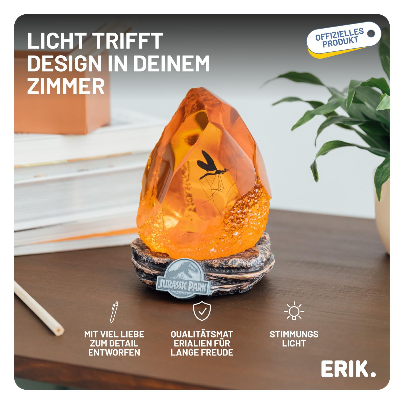 Jurassic Park Lampe mit USB-C Amber | Stimmungslicht Schreibtisch - Nachttischlampe Kinder und Erwachsene Zubehör Gaming Deko - Offizieller Jurassic World Merch