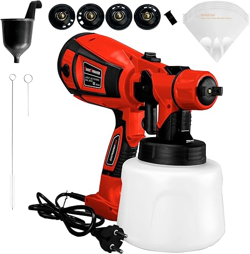 WANGMI Pulverizador de pintura eléctrico con cable, 220 V, 850 W, 5 pies, pintor en aerosol con recipiente de 44.0 fl oz, 5 boquillas de latón, 3