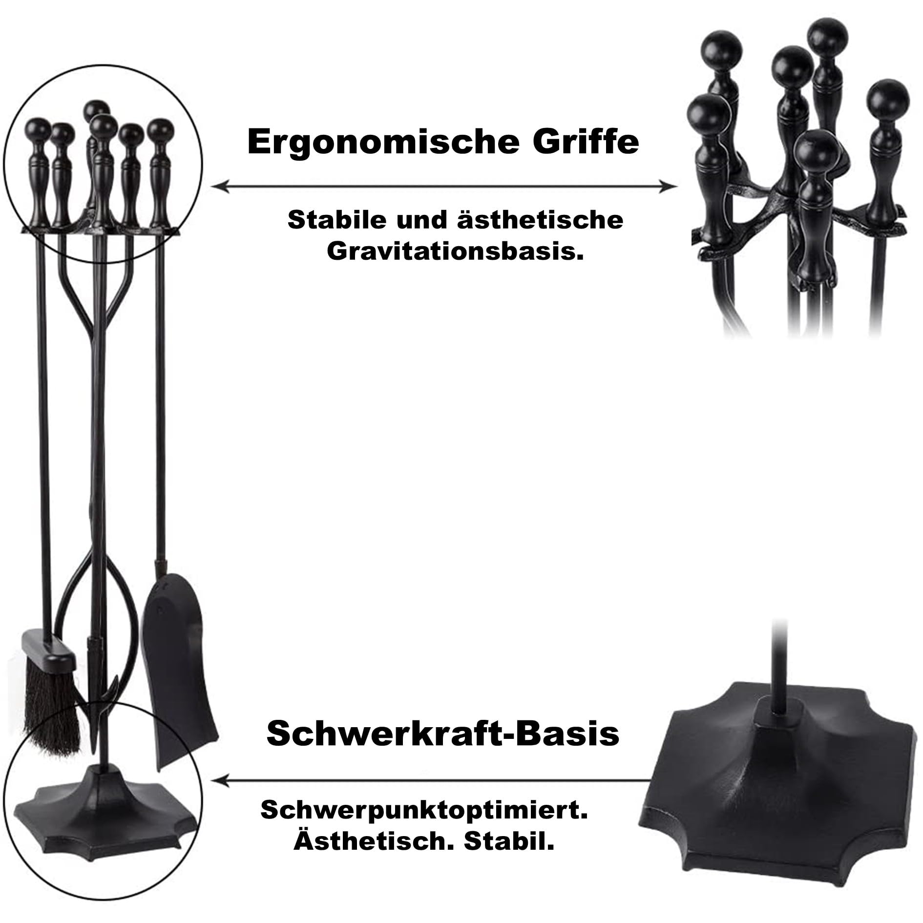 AMAGABELI Garden & Home Kaminwerkzeug-Set mit schwarzem Griff, Schmiedeeisen, großes Feuerwerkzeug-Set und Halter, Feuerstelle für den Außenbereich, 5 Stück