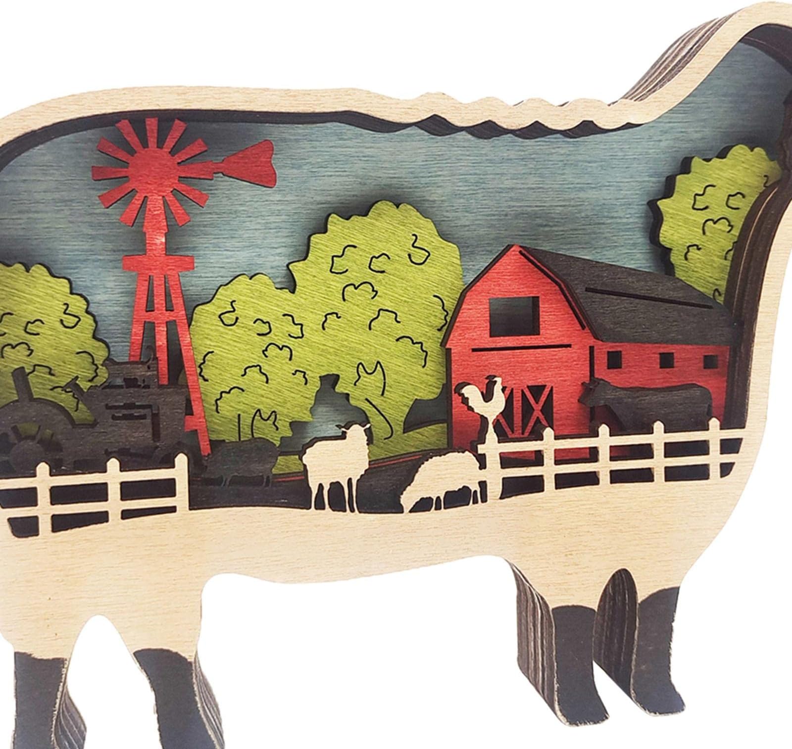 LYLA 3D Wood Animal Decorations Luminous Retro Wood Multilayer Figurine Sculpture Sheep