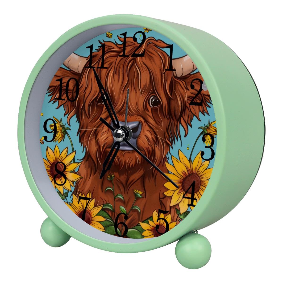 Alarm Clock Highland Cow Sunflower, Silent Non-Ticking with Night Light