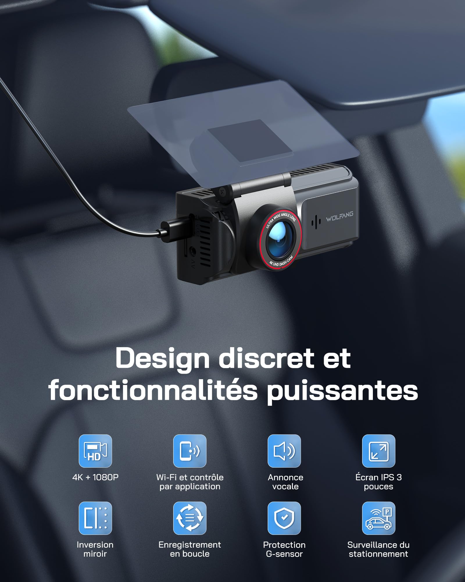 WOLFANG 4K Dashcam Voiture Avant Arrière, Wi-FI Caméra Voiture, IPS de 3", Grand Angle 170°, G-Capteur, WDR, Mode Stationnement 24H, Vision Nocturne, Enregistrement en Boucle