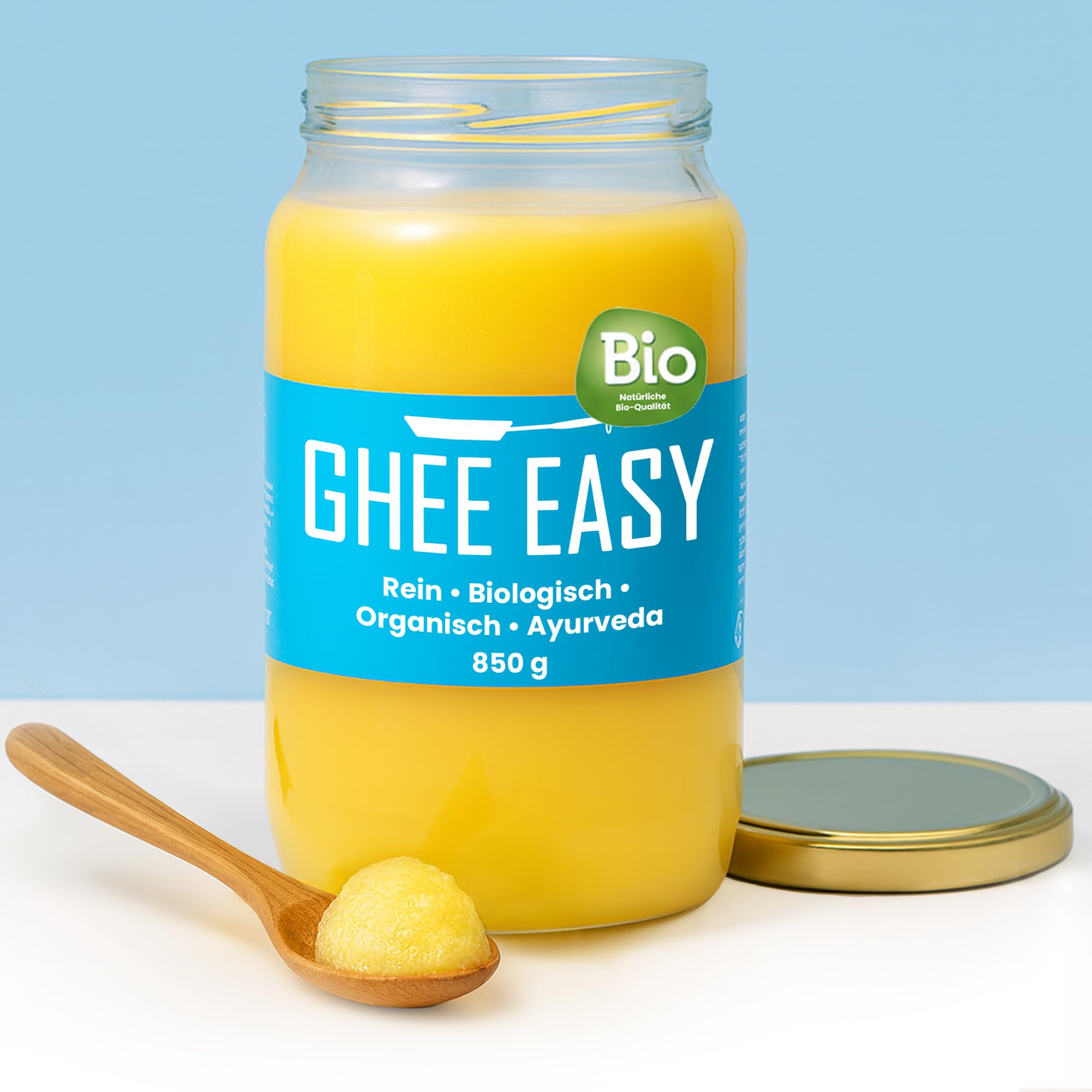 Ghee Easy 850g Ghee Bio von Grasgefütterten Kühen - Ghee Butter ohne Zusatzstoffe - Zertifiziert Organisch & Biologisch - Hochreines Ayurveda Ghee ohne Laktose und Gluten - 100% Europäisch