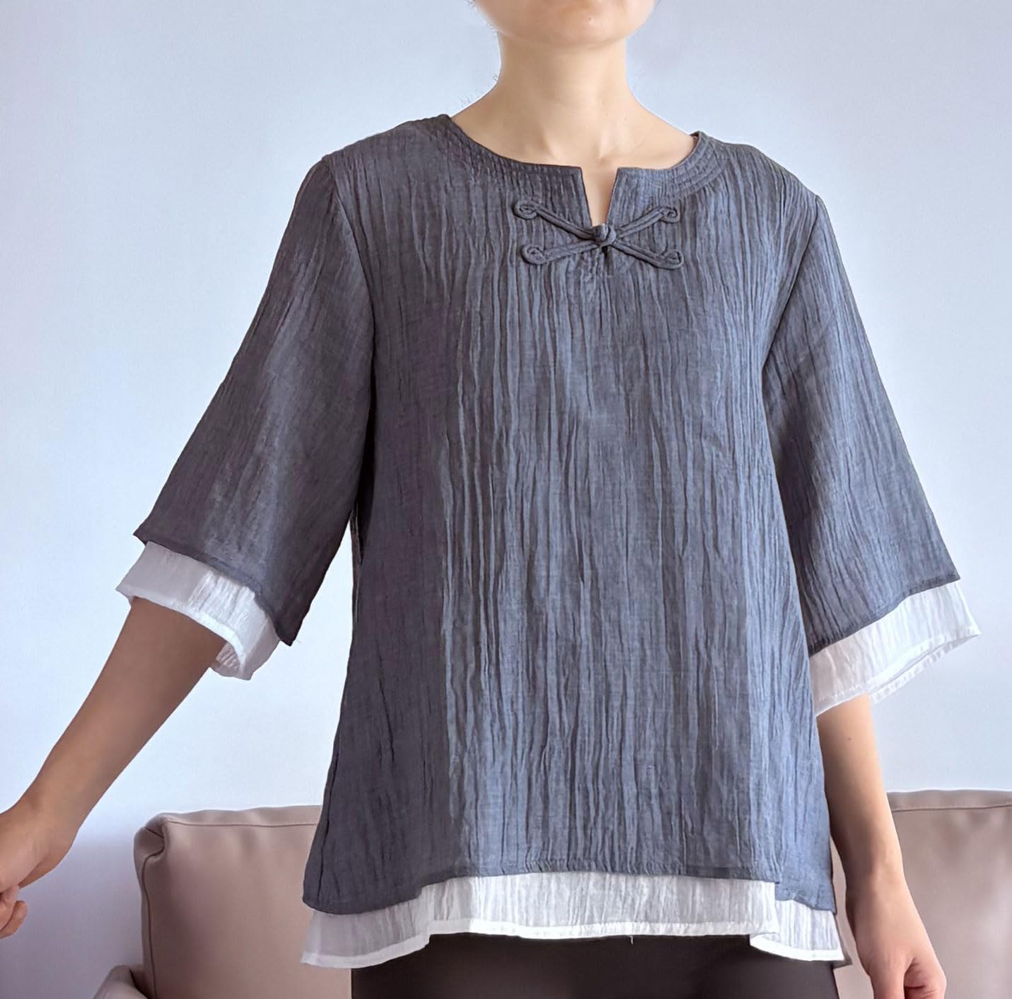 Minibee Women's Cotton Linen Shirts Summer 3/4 Length Sleeve Tops Chinese Frog Casual Blouse - Image 2