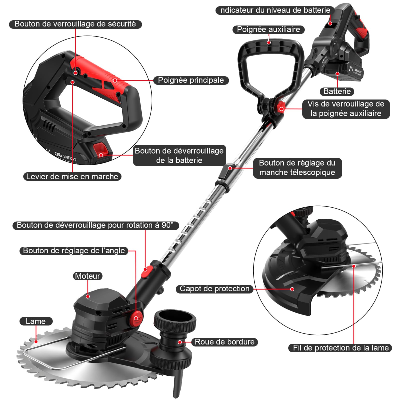 Débroussailleuse à Batterie 21V 850W Max, Coupe-Bordure sans Fil avec Écran LCD (0-100%), Rotofil avec 2 Batteries 2.0Ah, Brosse en Acier et Roues pour Jardin