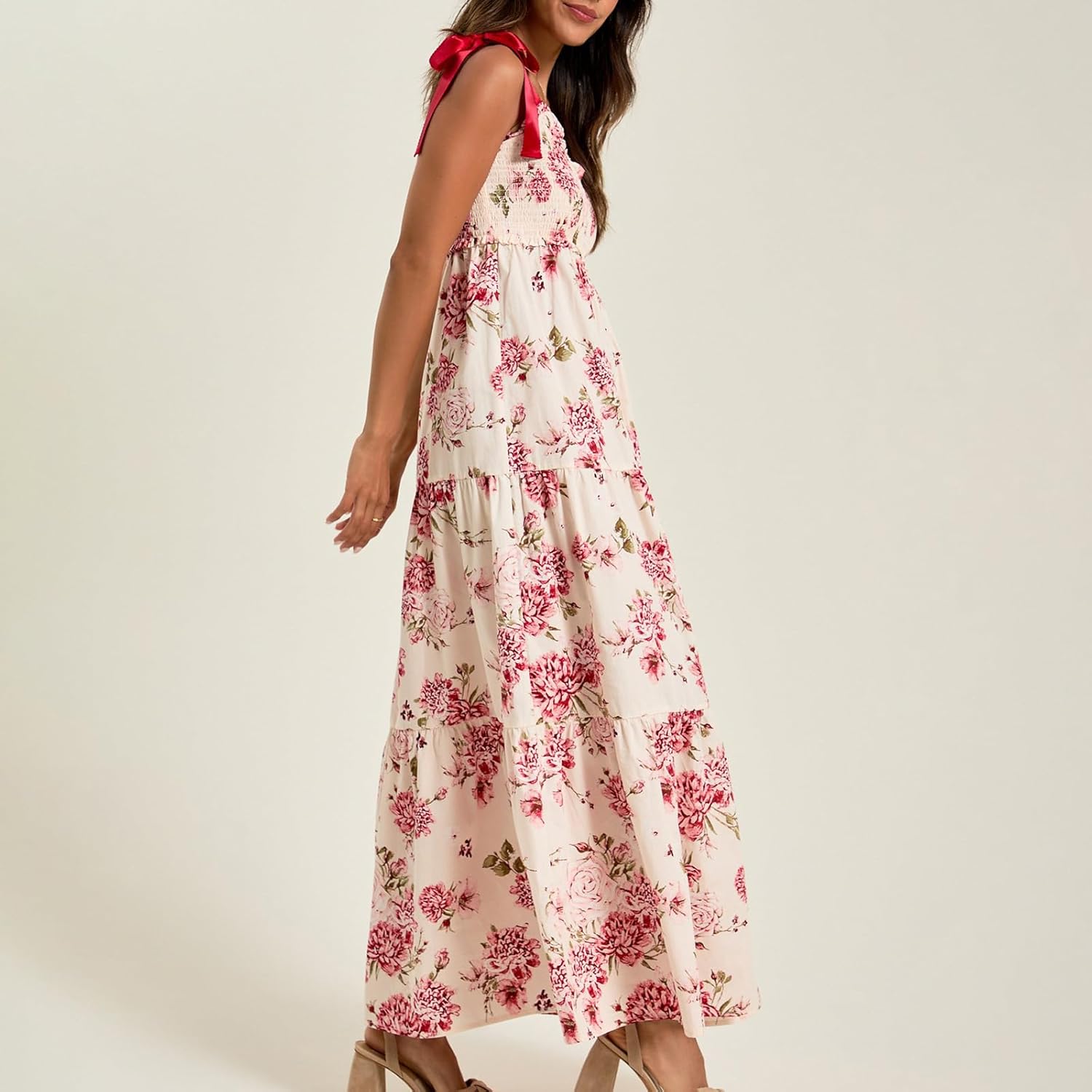 Women Y2k Boho Maxi Dress Tie Shoulder Backless Strappy Tiered Flowy Dress 2024 Summer Floral Beach Sundress - Image 3