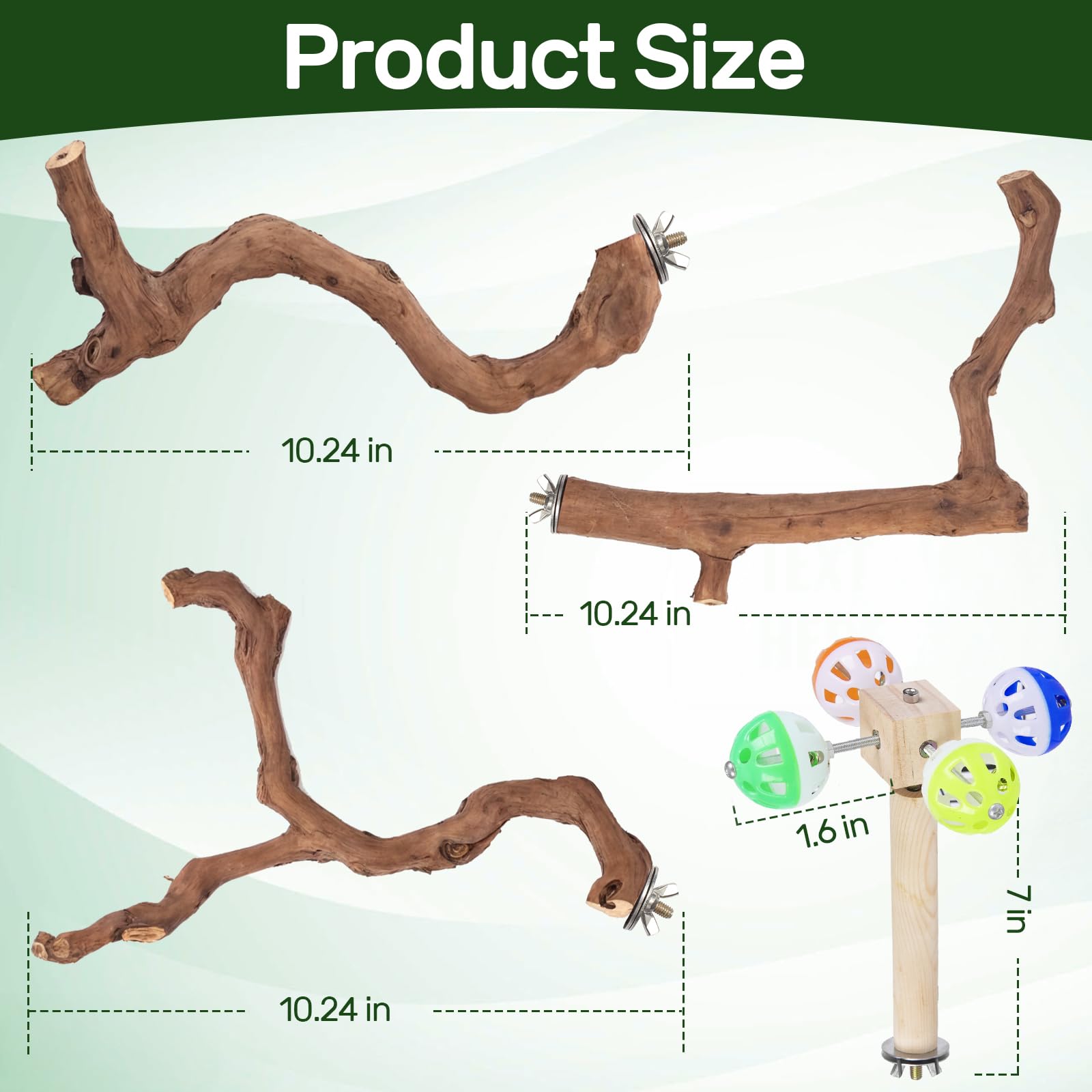 4-Piece Bird Perch Set with Rotating Ball Stand - Natural Wood Bird Gym & Playground for Parrots, Cockatiels, Budgies - image 7