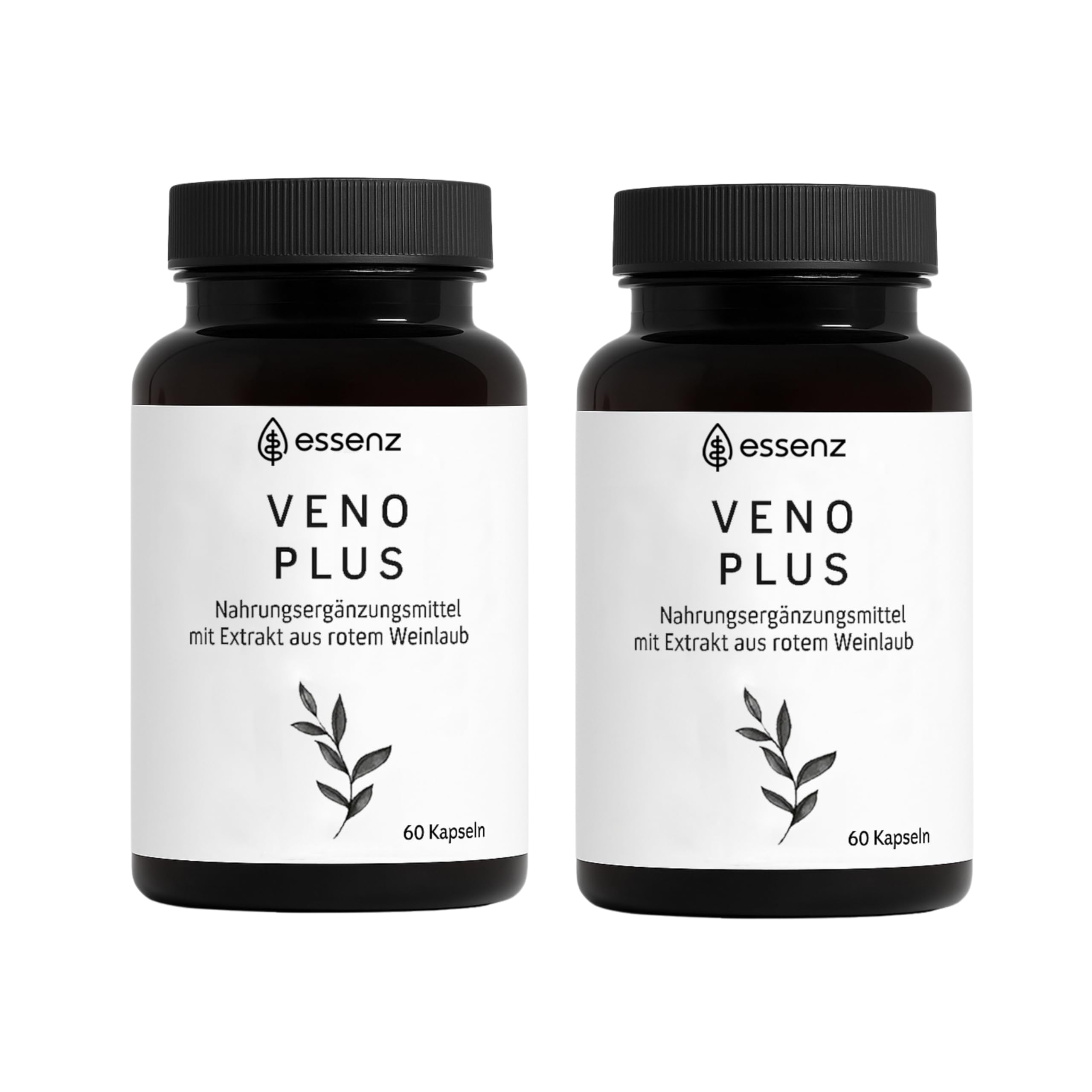 ESSENZ – Veno Plus 2 x 60 Kapseln – Nahrungsergänzungsmittel mit pflanzlichen Extrakten (Rotes Weinlaub, Steinklee, Hamamelis, Tigerkraut, Traubenkern) – vegan & glutenfrei, made in Germany
