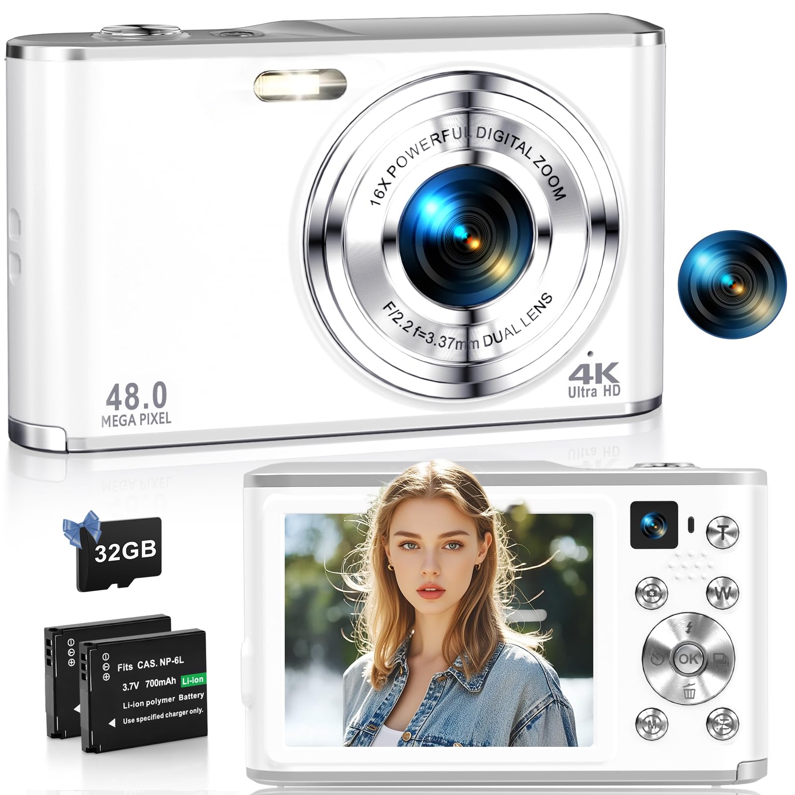 Fotocamera Digitale 4K 48MP Autofocus Per La Fotografia Compatta Con Doppia Fotocamera Anteriore E Posteriore, Fotocamera Point And Shoot Con Zoom Digitale 16X, Scheda TF 32GB E 2 Batterie-Bianco