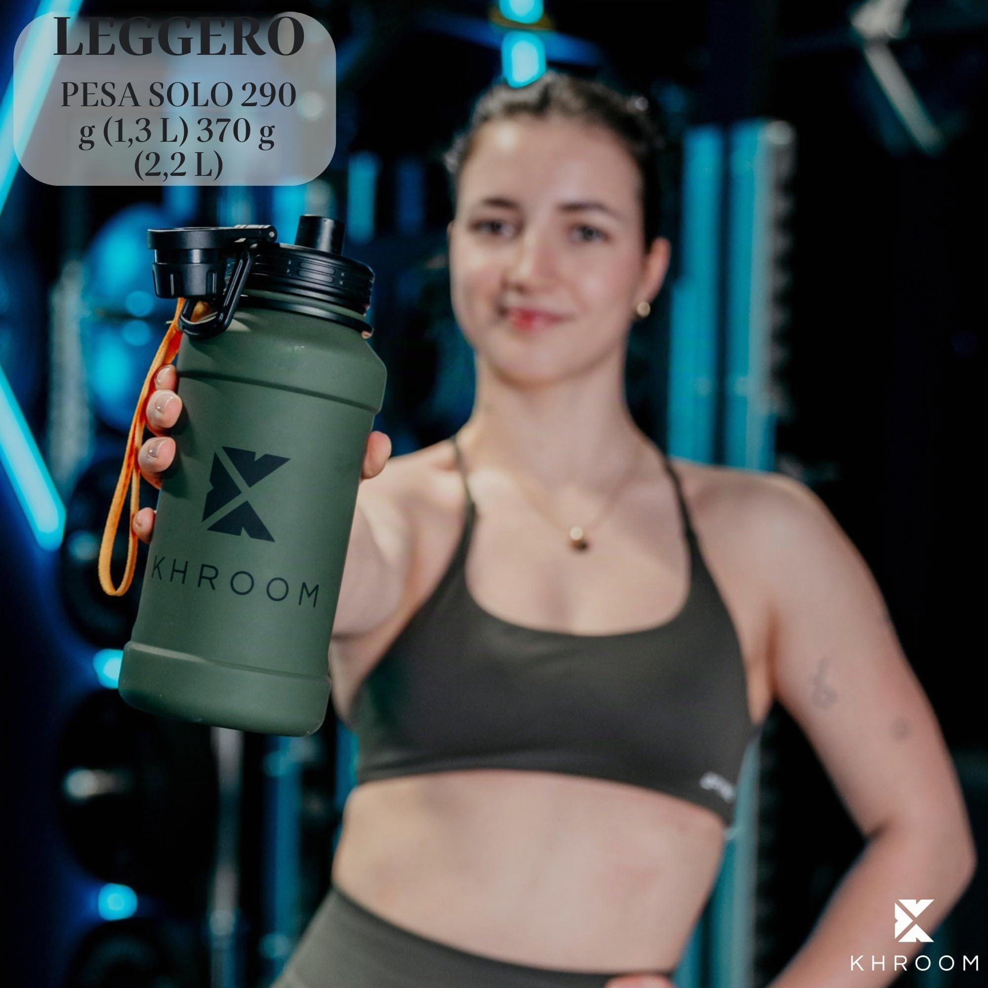 Khroom Borraccia in acciaio inox 1,3L & 2,2L – Per bevande gassate, a prova di perdite, lavabile in lavastoviglie | XXL Bottiglia d'acqua in metallo 2 litri Per Fitness, Sport e Outdoor Nero