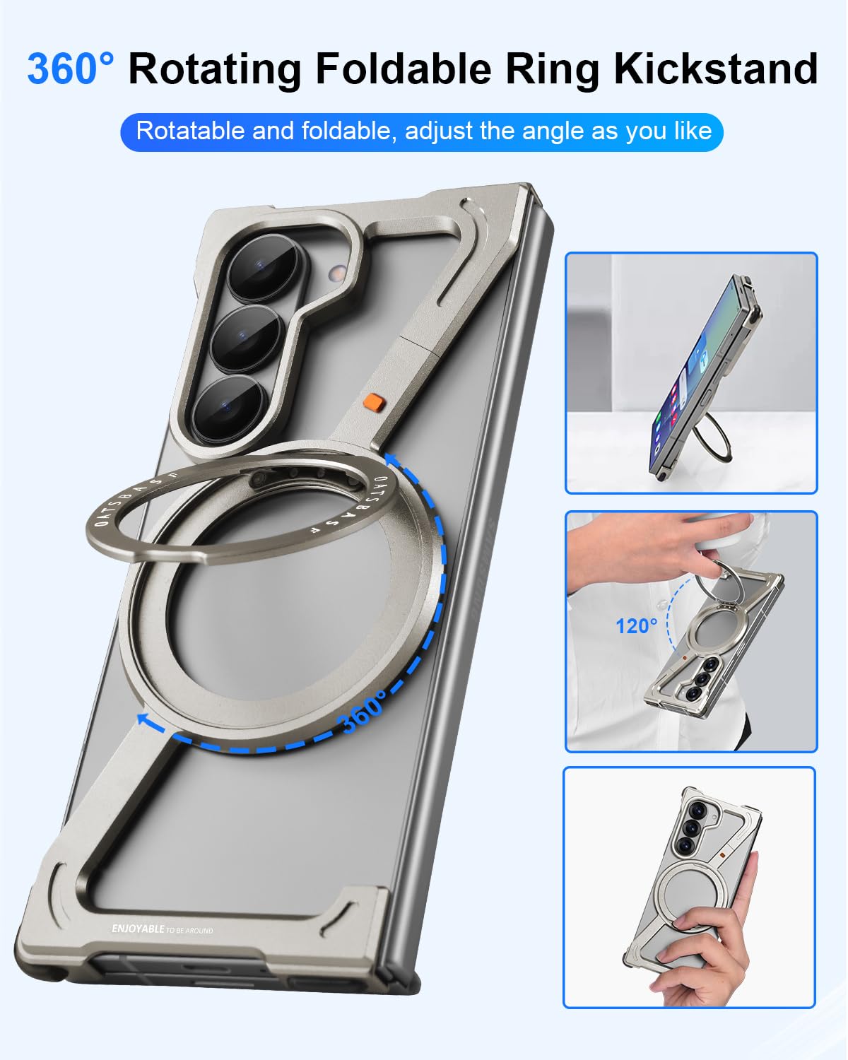 Etui do Samsung Galaxy Z Fold 7 ze stojakiem, magnetyczna obrotowa podpórka Z Fold7 etui bez ramy, aluminiowa metalowa smukła obudowa na telefon do Galaxy Z Fold 7, srebrne