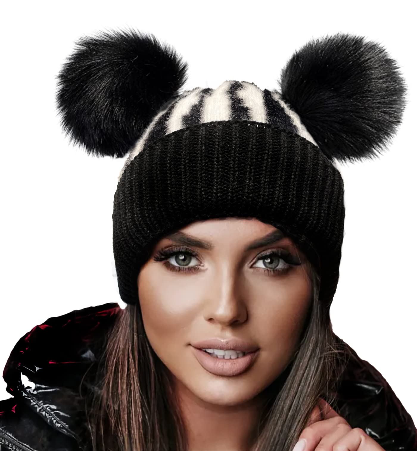 4Sold Women's Black White Miki Colour Girls Winter Hat Wool Knitted Beanie With Double Pom Pom Cap Ski Snowboard Bobble