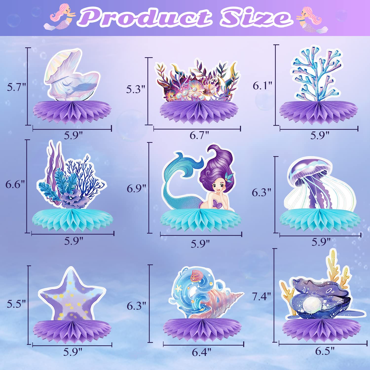 Décorations De Table Sirène En Nid D'abeille - Lot De 9 - Centre De Table Thème Océan Pour Anniversaire, Baby Shower