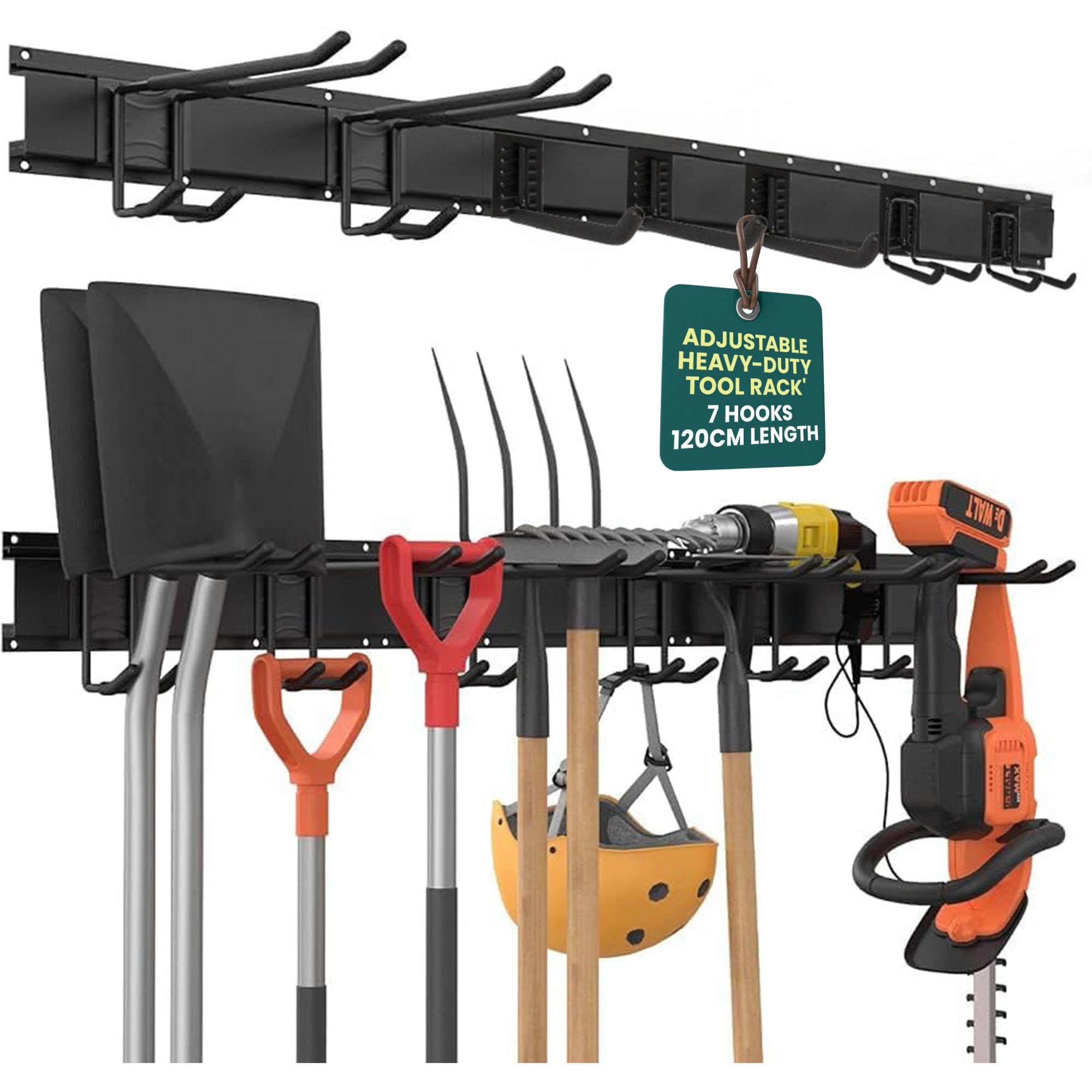 Green Haven Estante de herramientas de jardín resistente de 48 pulgadas, organizador de herramientas de garaje personalizable para montaje en pared con 10 ganchos ajustables, soporta hasta 200 kg,