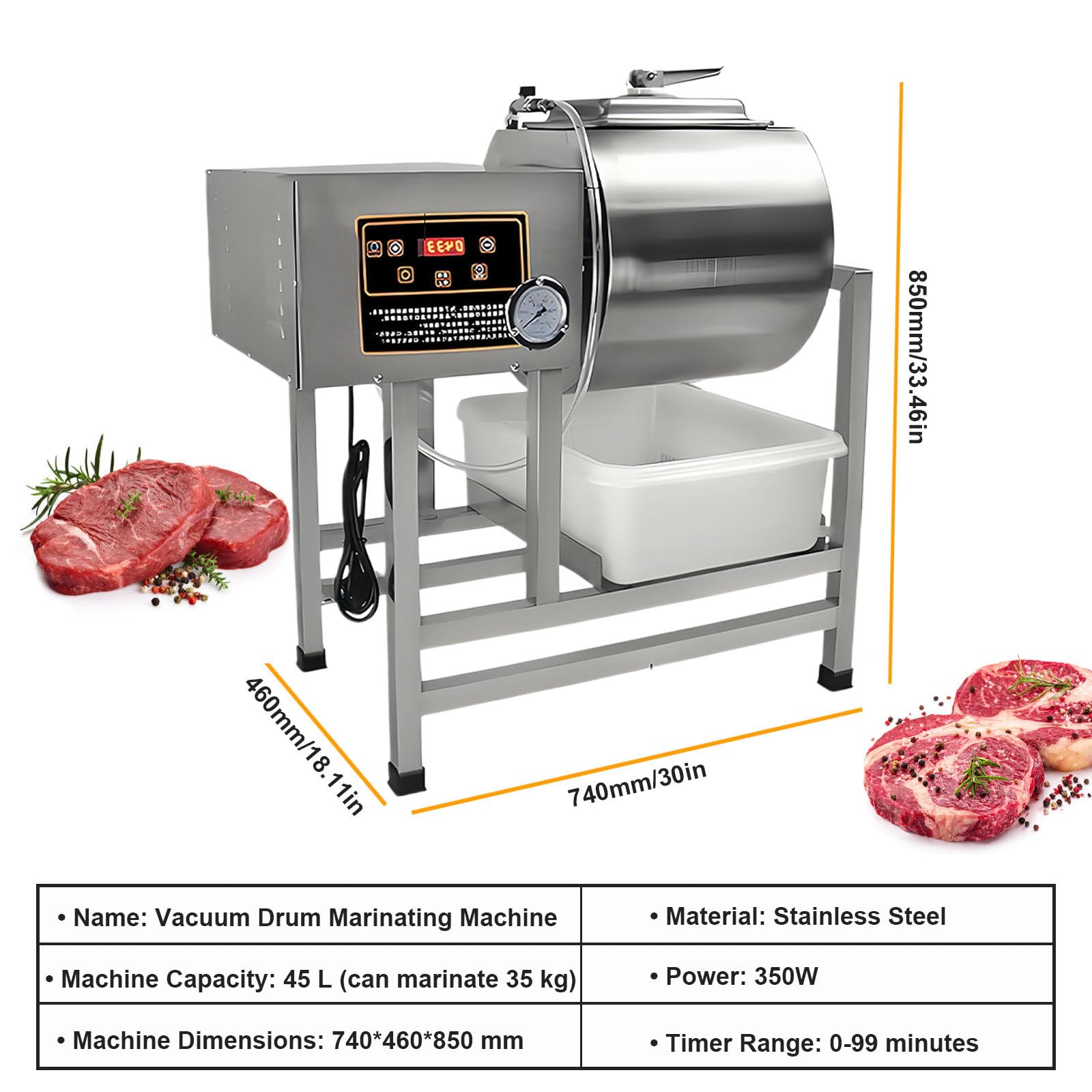 Marinator Bębnowy Próżniowy, Komercyjna Marynarka Próżniowa 45 L, Maszyna Do Peklowania I Ugniatania Mięsa, Dwukierunkowy Obrotowy Marynat Do Żywności Do Marynowania Mięsa