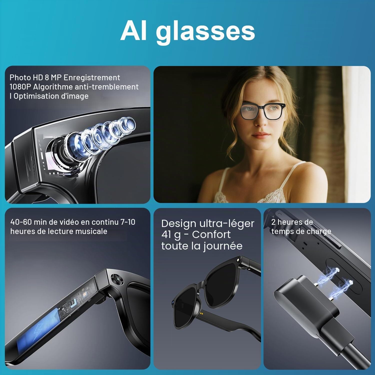 Lunettes AI Smart Camera - Vidéo HD 1080p, Photo, Traduction vocale : avec Verres de Protection Solaire/lumière Bleue interchangeables, Utilisation en extérieur, randonnées à vélo, randonnée